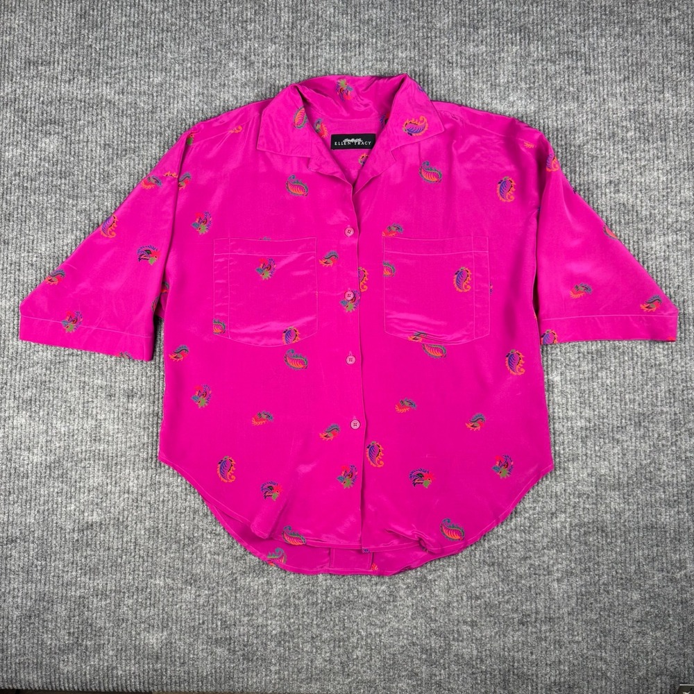Vtg 80s Ellen Tracy Blouse Womens 12 Pink Silk Paisley Oversized Button Up Shirt